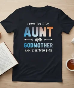 I Have Two Titles Aunt And Godmother And I Rock Them Both quote on a dark t-shirt, featuring bold, colorful