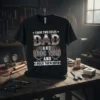 Black t-shirt with "I Have Two Titles Dad And HVAC Tech And I Rock Them Both" text and flame graphics