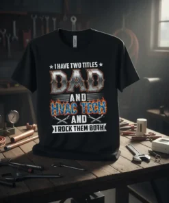 Black t-shirt with "I Have Two Titles Dad And HVAC Tech And I Rock Them Both" text and flame graphics