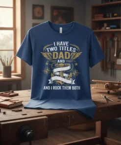 I Have Two Titles Dad And I Rock Them Both quote on a navy blue t-shirt with anchor and compass