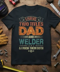 I Have Two Titles Dad And Welder & I Rock Them Both quote on a black t-shirt, featuring distressed orange