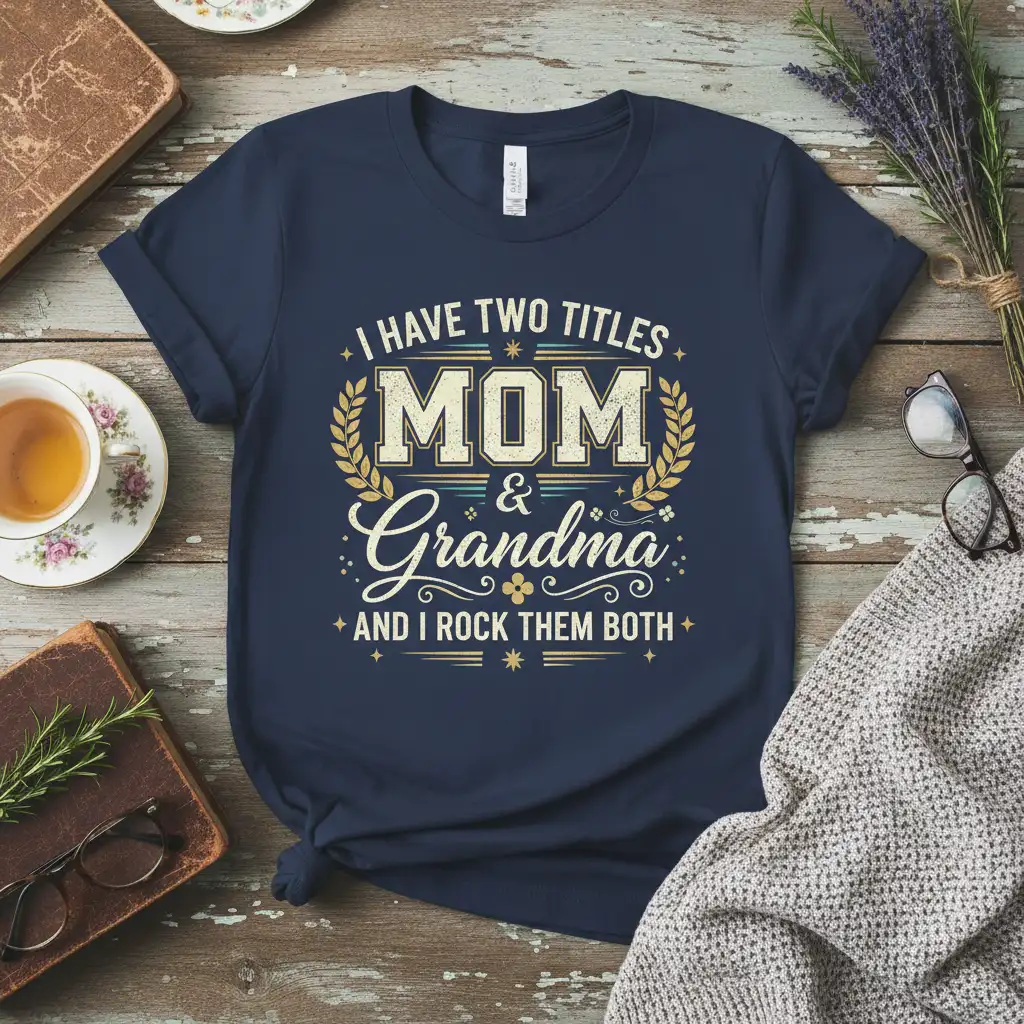 I Have Two Titles Mom & Grandma quote design featuring laurel wreaths and bold typography on a navy shirt