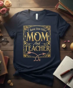 T-shirt design with gold text "I have two titles MOM And TEACHER" in an ornate frame, featuring decorative arrows below