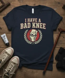 I Have A Bad Knee T-Shirt design with distressed text and a laurel wreath around a graphic of a knee