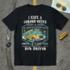 Black t-shirt with "I HAVE A CORNER OFFICE with a view. i'm paid to travel and DRIVE A $200 000