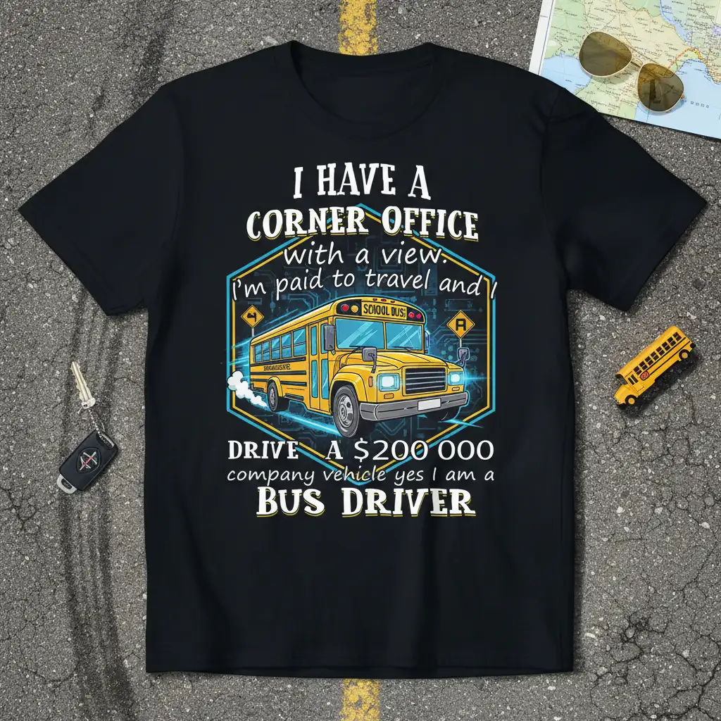 I HAVE A CORNER OFFICE quote and school bus graphic on a black t-shirt for bus drivers