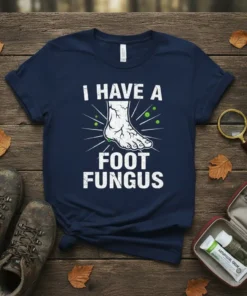 I Have A Foot Fungus funny medical humor t-shirt design featuring a graphic of a foot and green spots
