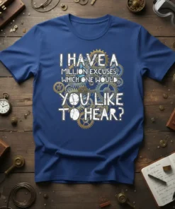 T-shirt with the quote "I Have A Million Excuses, Which One Would You Like To Hear?" in distressed white font