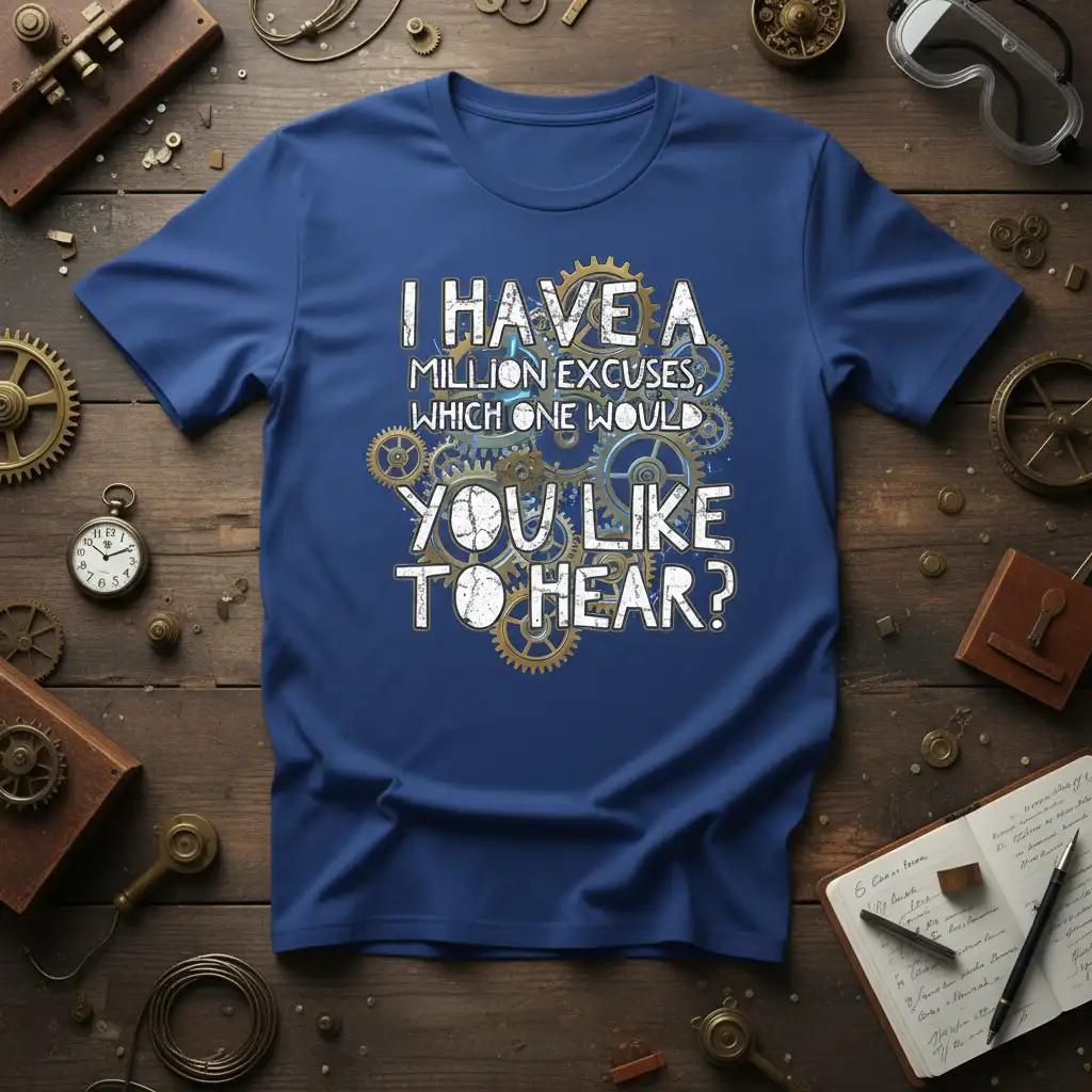 I Have A Million Excuses quote design with steampunk gears and distressed typography on a royal blue t-shirt
