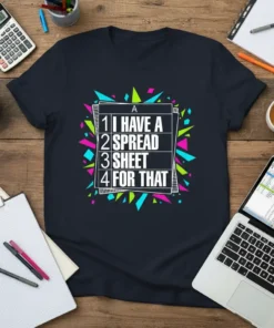 Dark t-shirt with bold white text "I HAVE A SPREAD SHEET FOR THAT" arranged in a numbered list, surrounded by