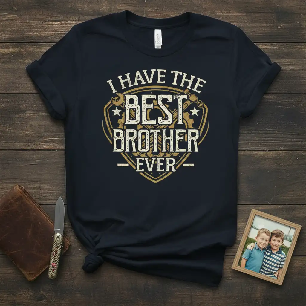 I Have The Best Brother Ever quote with shield and tools graphic on a navy t-shirt design