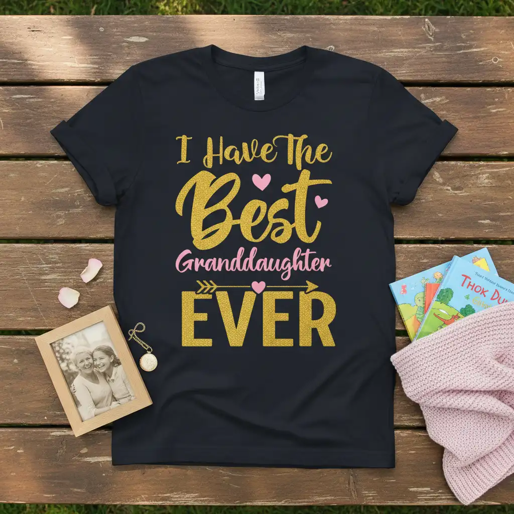 I Have The Best Granddaughter EVER quote on a black t-shirt, featuring gold glitter text and pink heart accents