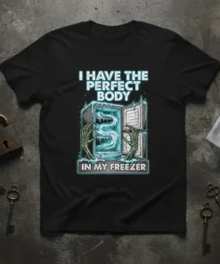 I Have The Perfect Body In My Freezer humorous quote on a black t-shirt with a graphic of a frosty
