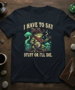 T-shirt with the quote "I Have To Say Stuff Or I'll Die" featuring a cowboy frog playing a banjo, surrounded