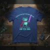Frog warrior with glowing sword wearing a cape, text "I HAVE TO SAY WEIRD STUFF OR I'LL DIE" on a