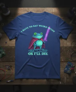 Frog warrior with glowing sword wearing a cape, text "I HAVE TO SAY WEIRD STUFF OR I'LL DIE" on a