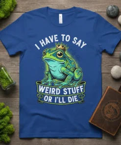 I Have to Say Weird Stuff Or I'll Die text with a crowned frog graphic on a royal blue t-shirt