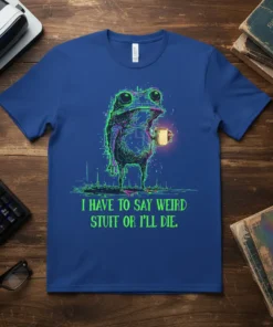 I Have To Say Weird Stuff Or I'll Die quote on a blue t-shirt featuring a neon-outlined frog holding coffee