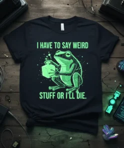 Black t-shirt with neon green text "I HAVE TO SAY WEIRD STUFF OR I'LL DIE." featuring a robotic frog holding