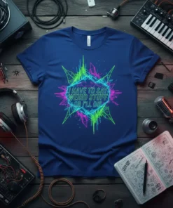 Blue t-shirt with neon geometric design and text "I HAVE TO SAY WEIRD STUFF OR I'LL DIE" in white font