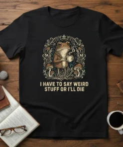 I Have To Say Weird Stuff Or I'll Die quote on a t-shirt with a frog holding coffee, surrounded by