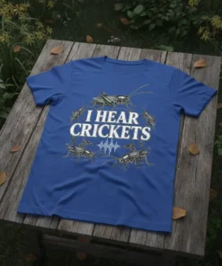 Blue t-shirt with "I HEAR CRICKETS" text surrounded by crickets and a sound wave graphic