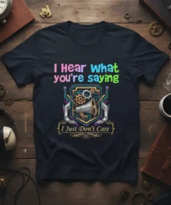 I Hear What You're Saying I Just Don't Care t-shirt with megaphone graphic and gears. Colorful text on black shirt