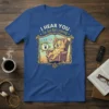 Funny dog t-shirt with text "I HEAR YOU I'm Just Not Listening" and a corgi relaxing while an alarm clock