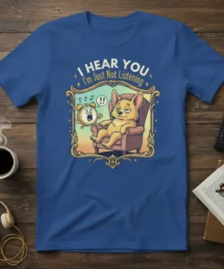 Funny dog t-shirt with text "I HEAR YOU I'm Just Not Listening" and a corgi relaxing while an alarm clock