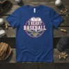 Blue t-shirt with "I HEART BASEBALL" text and baseball graphic, including bats, glove, and baseballs