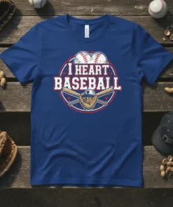 Blue t-shirt with "I HEART BASEBALL" text and baseball graphic, including bats, glove, and baseballs