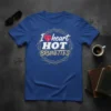 I heart HOT BRUNETTES text design with a heart icon and EKG line on a royal blue t-shirt