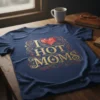 I Heart Hot Moms t-shirt with gold lettering and a red heart graphic