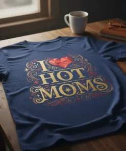 I Heart Hot Moms t-shirt with gold lettering and a red heart graphic