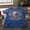 Blue t-shirt with "I HEART ICE CREAM" text, a dripping ice cream cone graphic, and a heartbeat line design