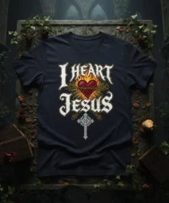 I Heart Jesus t-shirt design with flaming heart and cross graphic, in white and gold lettering