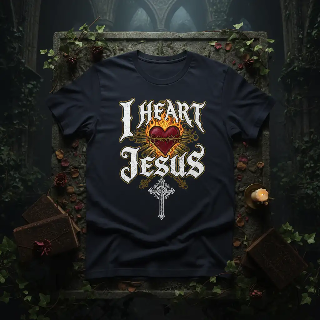I Heart Jesus t-shirt featuring a flaming sacred heart and ornate cross graphic, representing faith and devotion