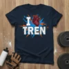 I Heart Tren graphic t-shirt with a realistic heart illustration and explosive orange and blue accents