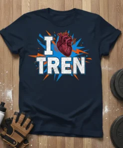 I Heart Tren graphic t-shirt with a realistic heart illustration and explosive orange and blue accents