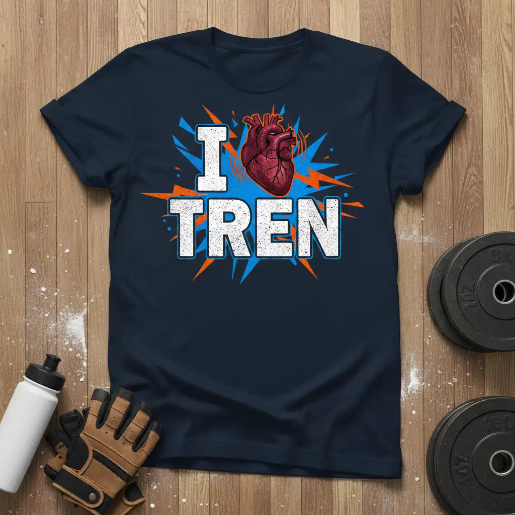 I Heart Tren workout graphic t-shirt with anatomical heart and explosive design elements