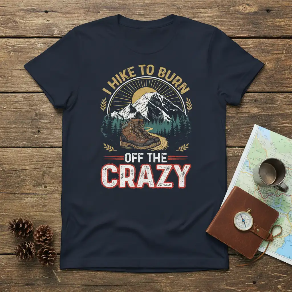 I Hike To Burn Off The Crazy quote and mountain graphic on a navy blue hiking t-shirt