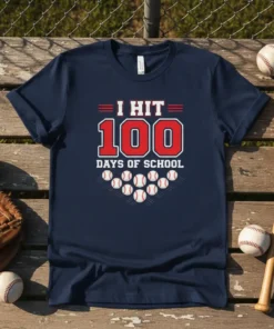 I HIT 100 DAYS OF SCHOOL text with baseball graphics on a navy blue t-shirt