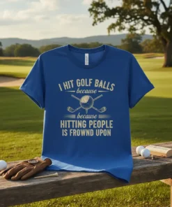 Blue t-shirt with gold text that reads "I HIT GOLF BALLS because HITTING PEOPLE IS FROWND UPON" and graphics of