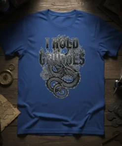 T-shirt with "I Hold Grudges" text and a detailed black dragon illustration with fiery accents