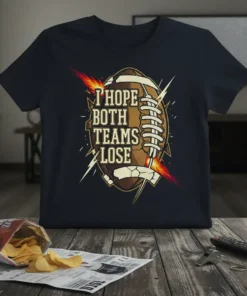 Dark t-shirt featuring a distressed football graphic with text "I Hope Both Teams Lose" in bold, stylized font