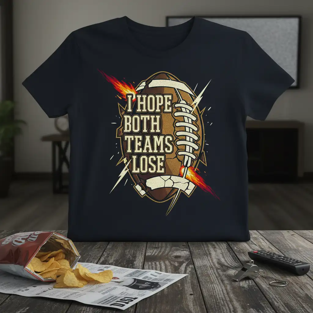 I Hope Both Teams Lose football quote on a dark graphic tee, designed for humorous sports fans