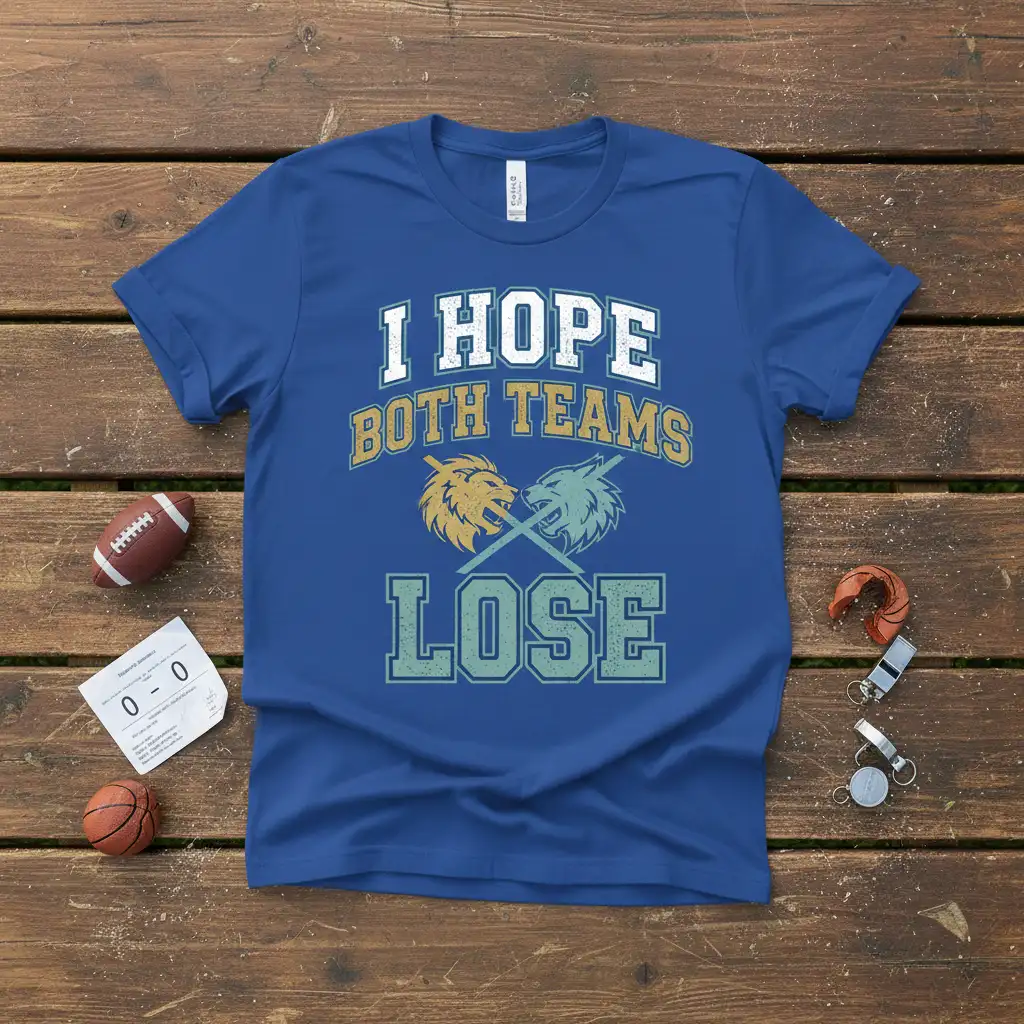 I HOPE BOTH TEAMS LOSE text design with crossed lion and wolf graphics on a blue shirt