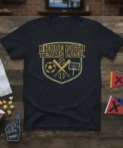 T-shirt with "I Hope Both Teams Lose." text and sports icons: soccer ball, baseball bats, baseball, and basketball hoop