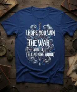 I Hope You Win The War quote t-shirt with sword and thorny vines graphic