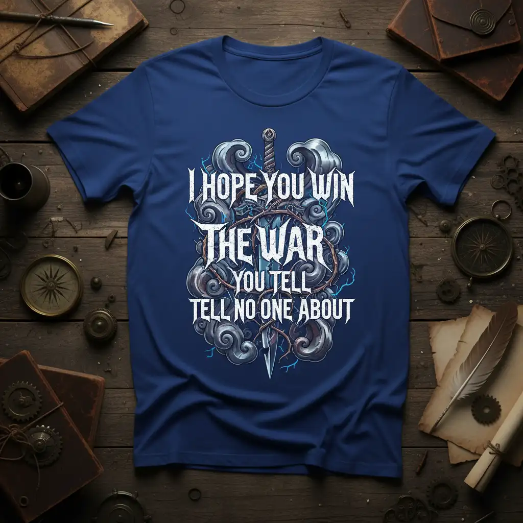 I Hope You Win The War quote t-shirt featuring a sword and thorny vines design